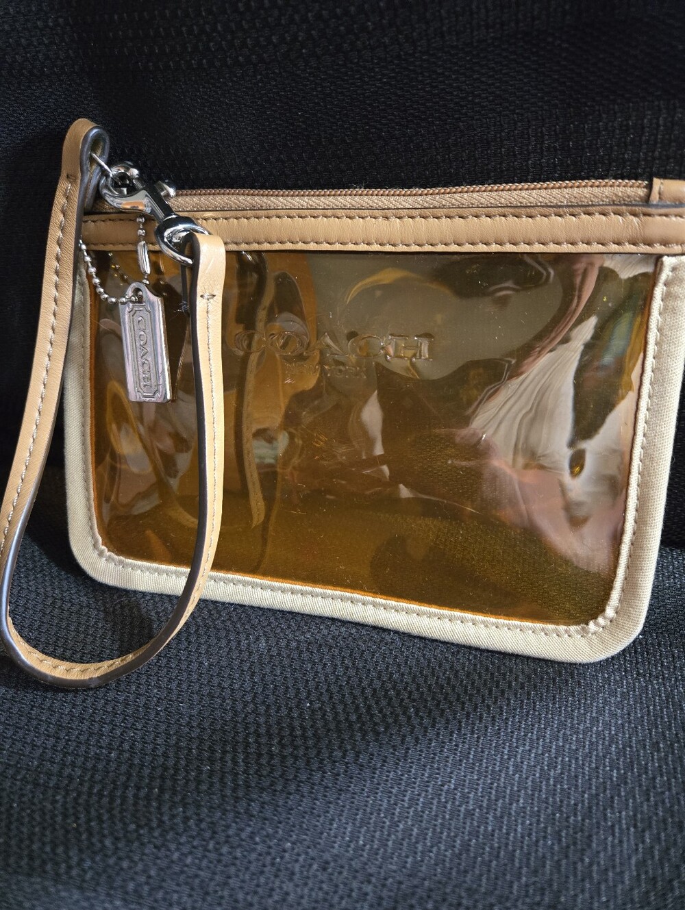 COACH Amber Clear PVC Wristlet with Leather & Canvas Trim